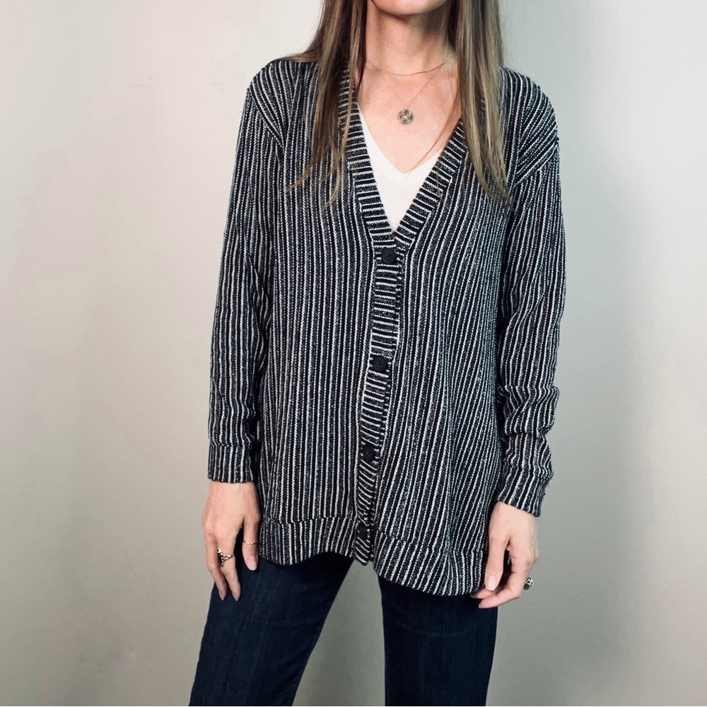 LOU & GREY Blue and white vertical stripe button front cardigan sz XXS oversized